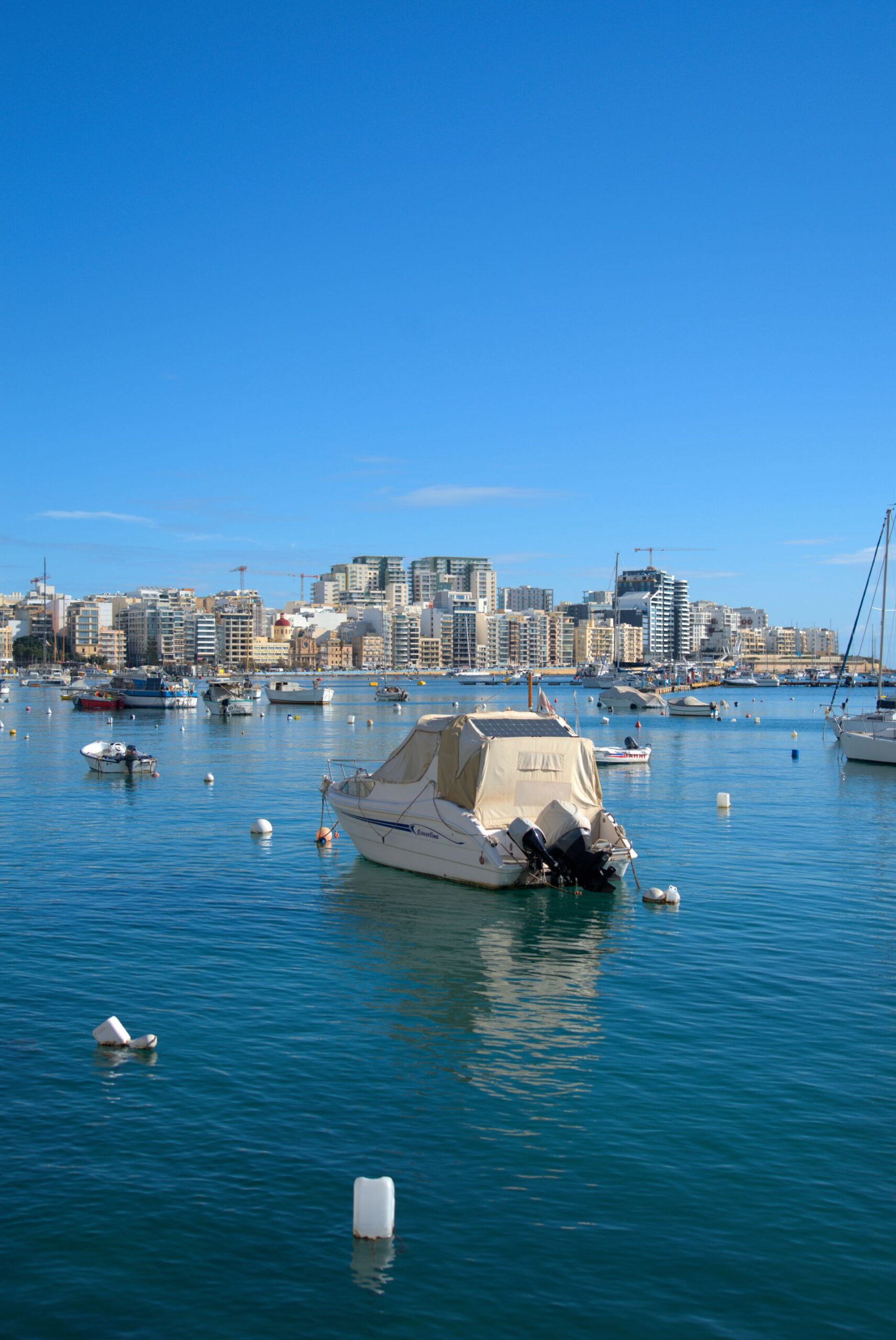 Boats in Marsamxett Harbour along the Gzira waterfront, Malta