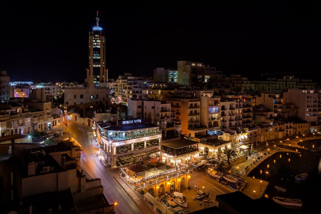 luxury developments in St Julian's - Spinola Bay lights at night