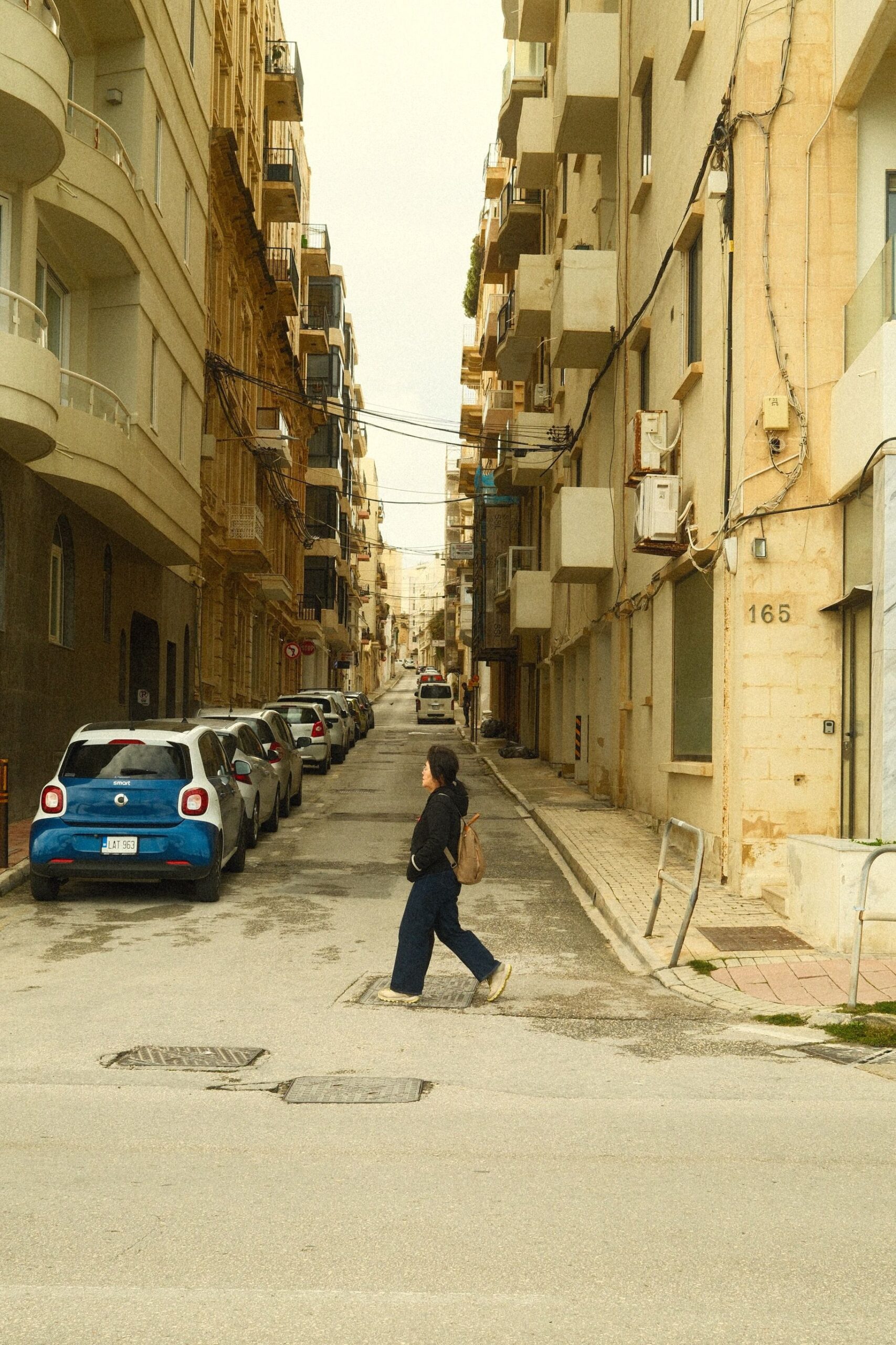 Quiet residential street with modern buildings in Malta