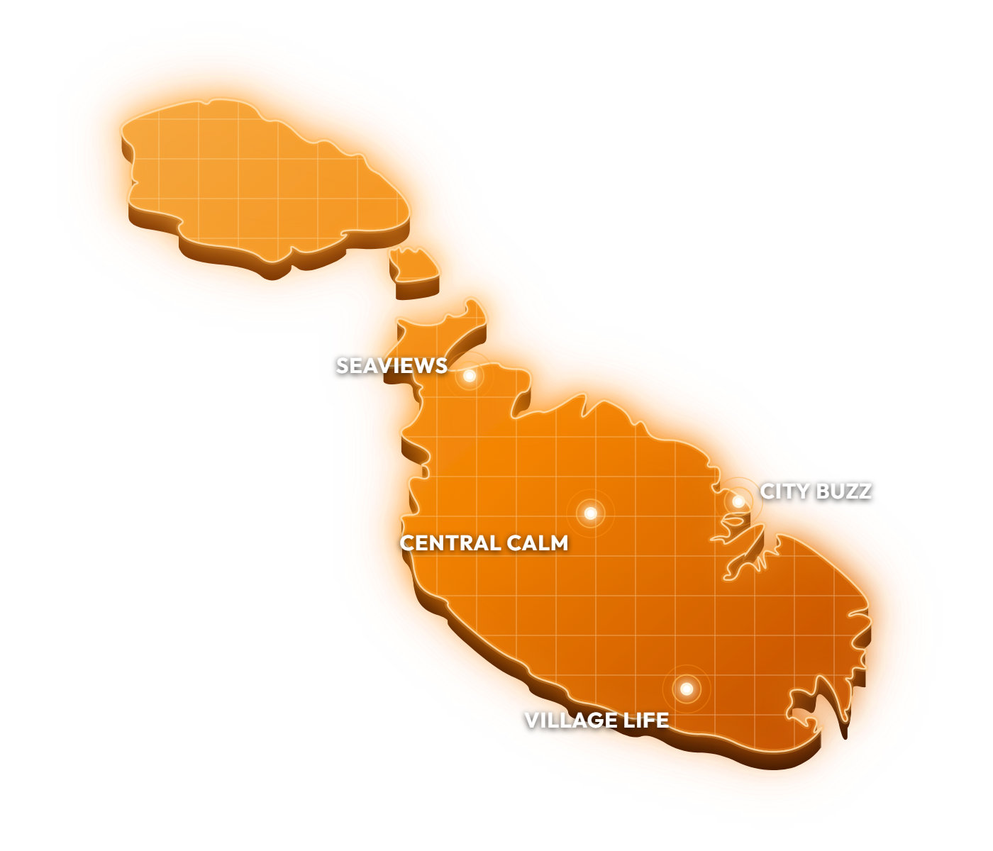 Glowing orange map of Malta showing the four Next To Rent lifestyles: City Buzz, Central Calm, Village Life and Seaviews
